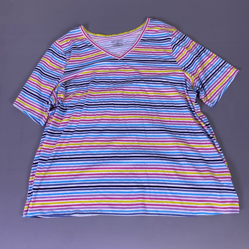 Lane Bryant Perfect Sleeve Tee Women's 22/24 Multicolor Striped V-Neck T-Shirt *